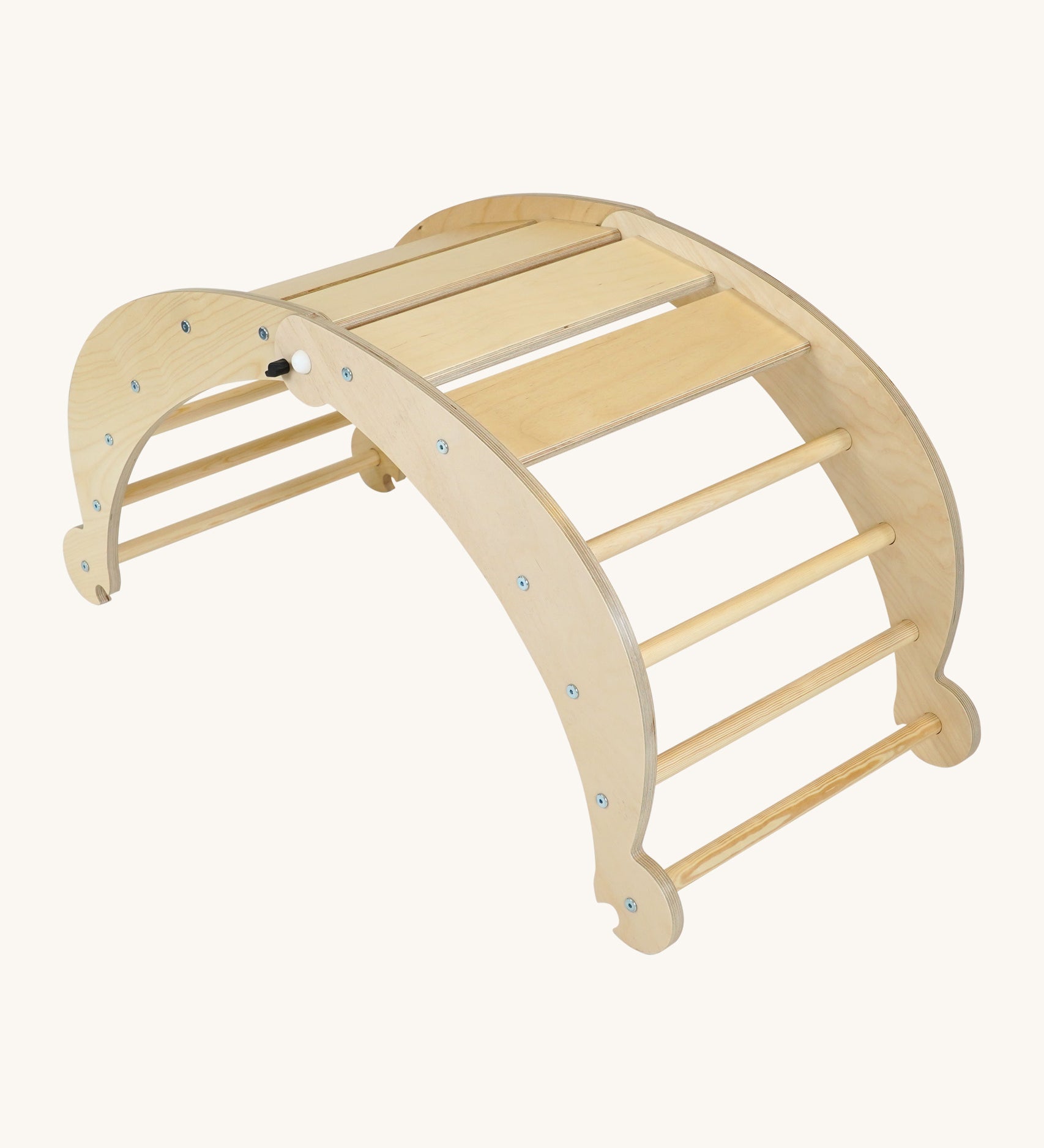 Triclimb wooden folding rocker Archi frame in natural with matching natural unpainted rungs. Features wide wooden slats on top for sitting and attachments on each end to hook onto a Triclimb pikler climbing frame