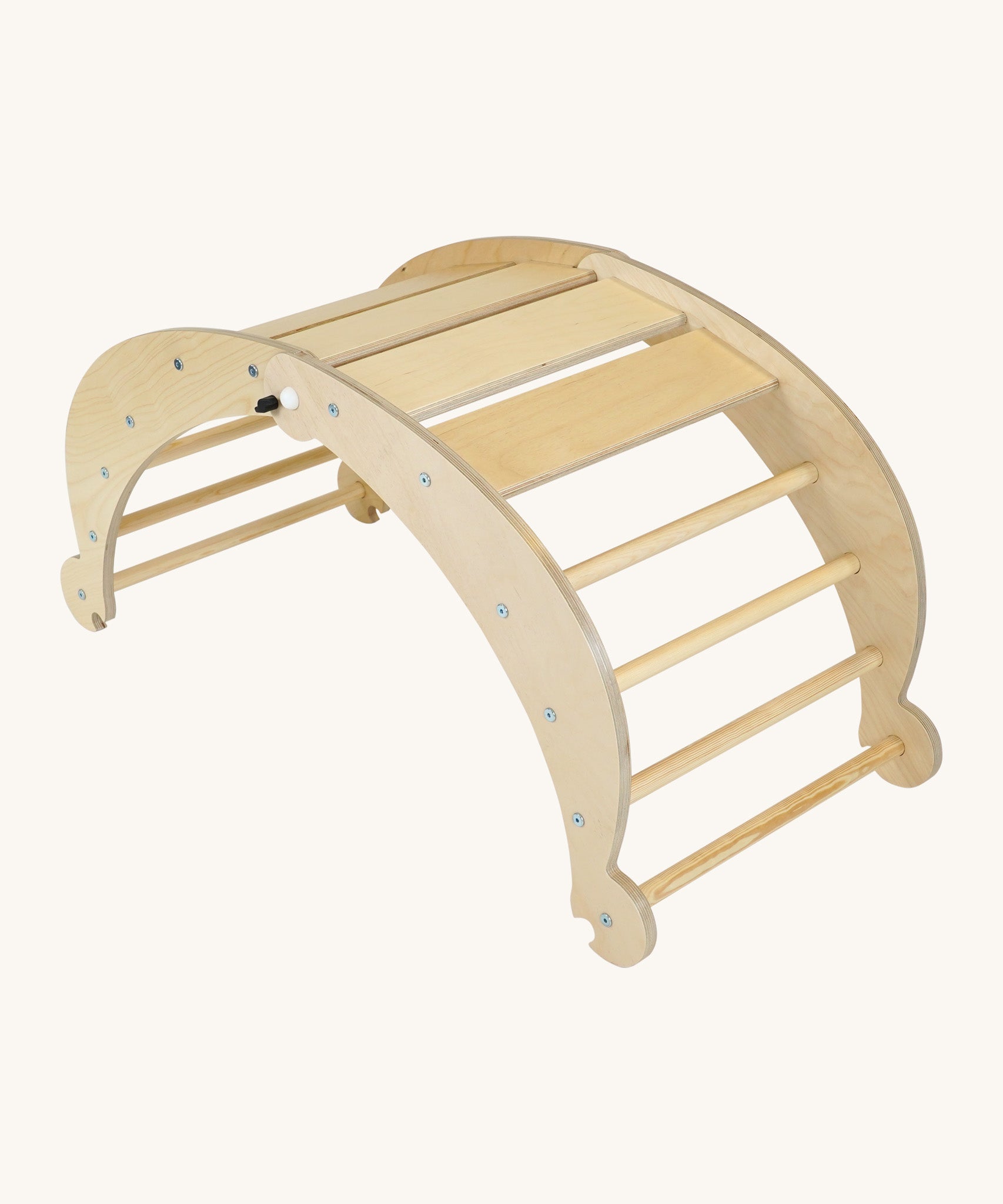 Triclimb wooden folding rocker Archi frame in natural with matching natural unpainted rungs. Features wide wooden slats on top for sitting and attachments on each end to hook onto a Triclimb pikler climbing frame