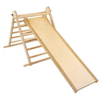 Natural wooden Triclimb pickler triangle with a Miri slide attached on a white background