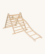 Triclimb wooden wibli ladder with natural unpainted rungs hooked on a rung on the Triclimb pikler wooden climbing frame