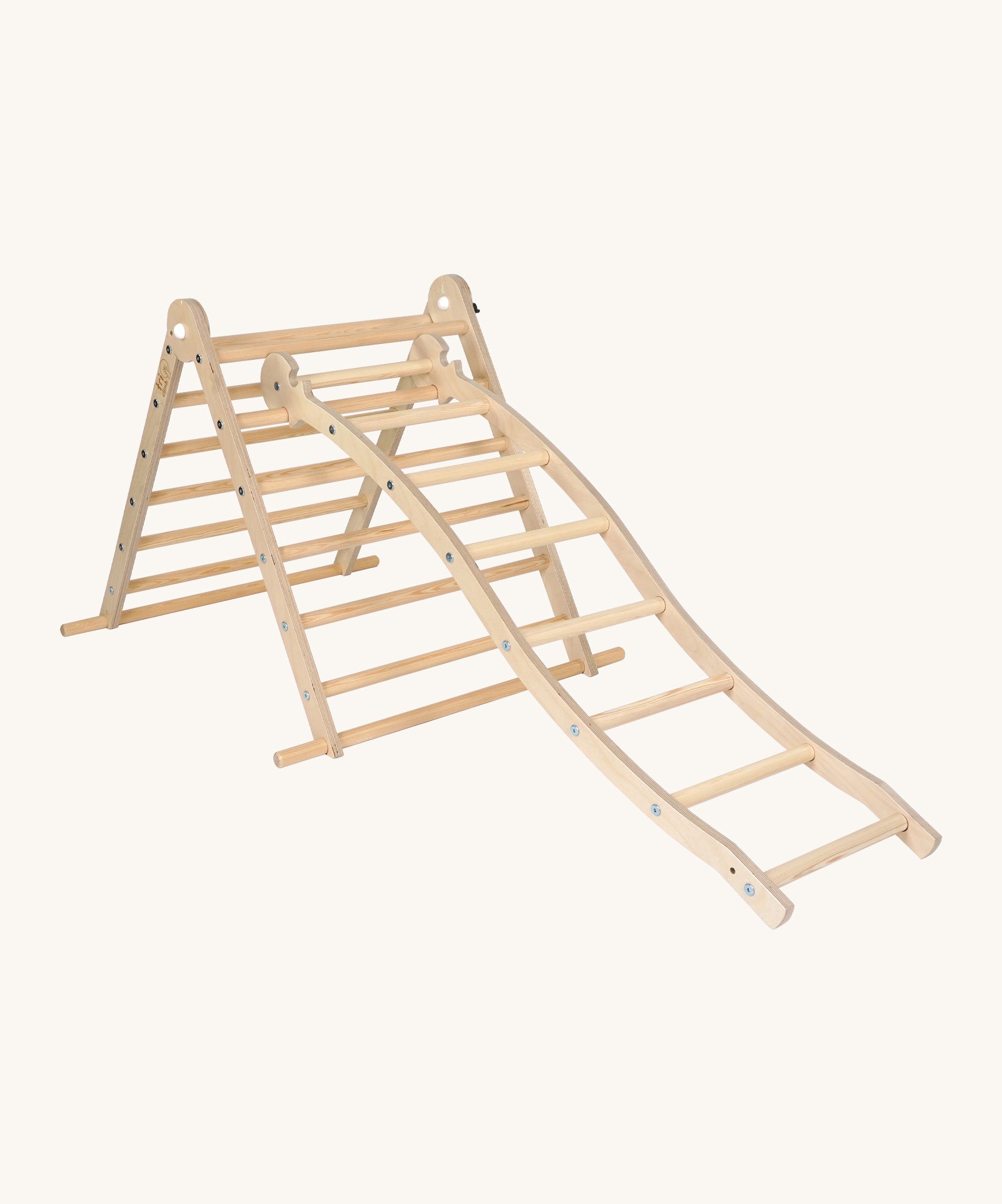 Triclimb wooden wibli ladder with natural unpainted rungs hooked on a rung on the Triclimb pikler wooden climbing frame