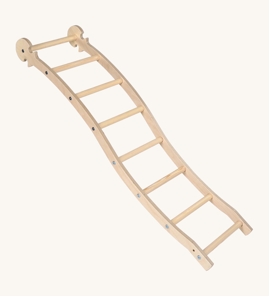 Triclimb wooden wibli ladder with natural unpainted rungs. Features Triclimb joints on one end of the ladder to hook onto a Triclimb wooden pikler climbing frame