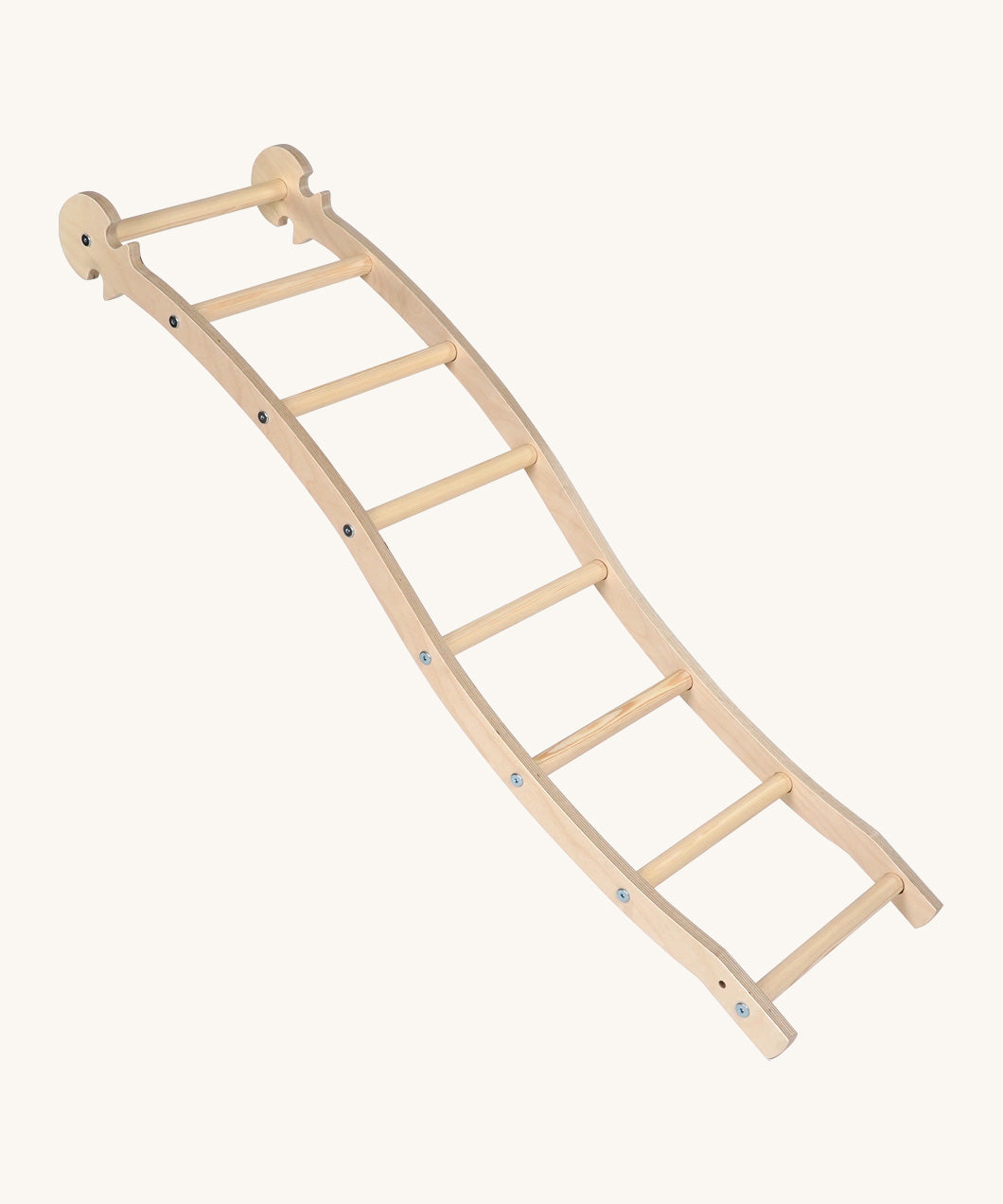 Triclimb wooden wibli ladder with natural unpainted rungs. Features Triclimb joints on one end of the ladder to hook onto a Triclimb wooden pikler climbing frame