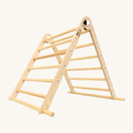 Triclimb folding wooden pikler climbing frame with natural unpainted rungs. Features longer matching natural coloured rungs on the bottom as a base. 