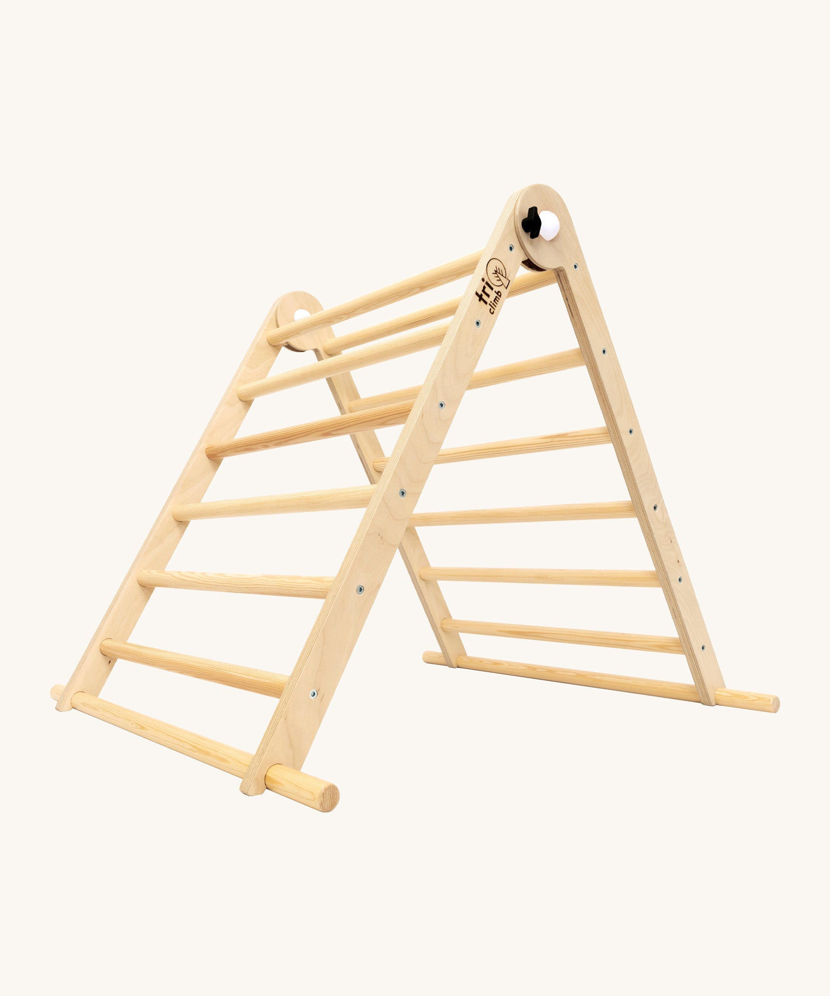 Triclimb folding wooden pikler climbing frame with natural unpainted rungs. Features longer matching natural coloured rungs on the bottom as a base. 