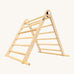 Triclimb folding wooden pikler climbing frame with natural unpainted rungs. Features longer matching natural coloured rungs on the bottom as a base. 