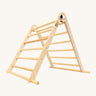 Triclimb folding wooden pikler climbing frame with natural unpainted rungs. Features longer matching natural coloured rungs on the bottom as a base. 