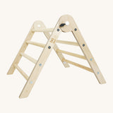 Triclimb wooden pwt folding pikler climbing frame. A smaller version of the full size Triclimb pikler climbing frame in a natural unpainted finish 