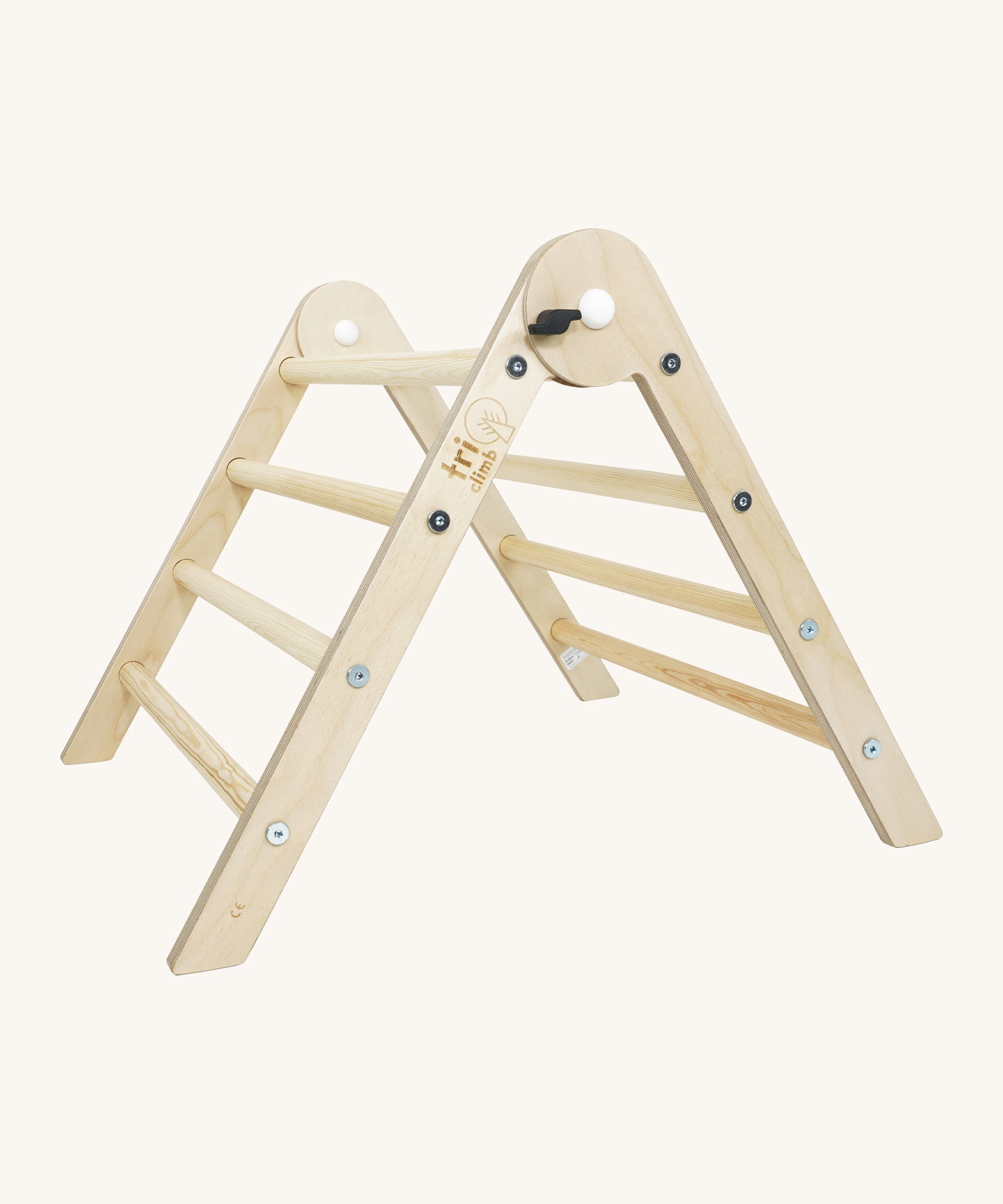 Triclimb wooden pwt folding pikler climbing frame. A smaller version of the full size Triclimb pikler climbing frame in a natural unpainted finish 
