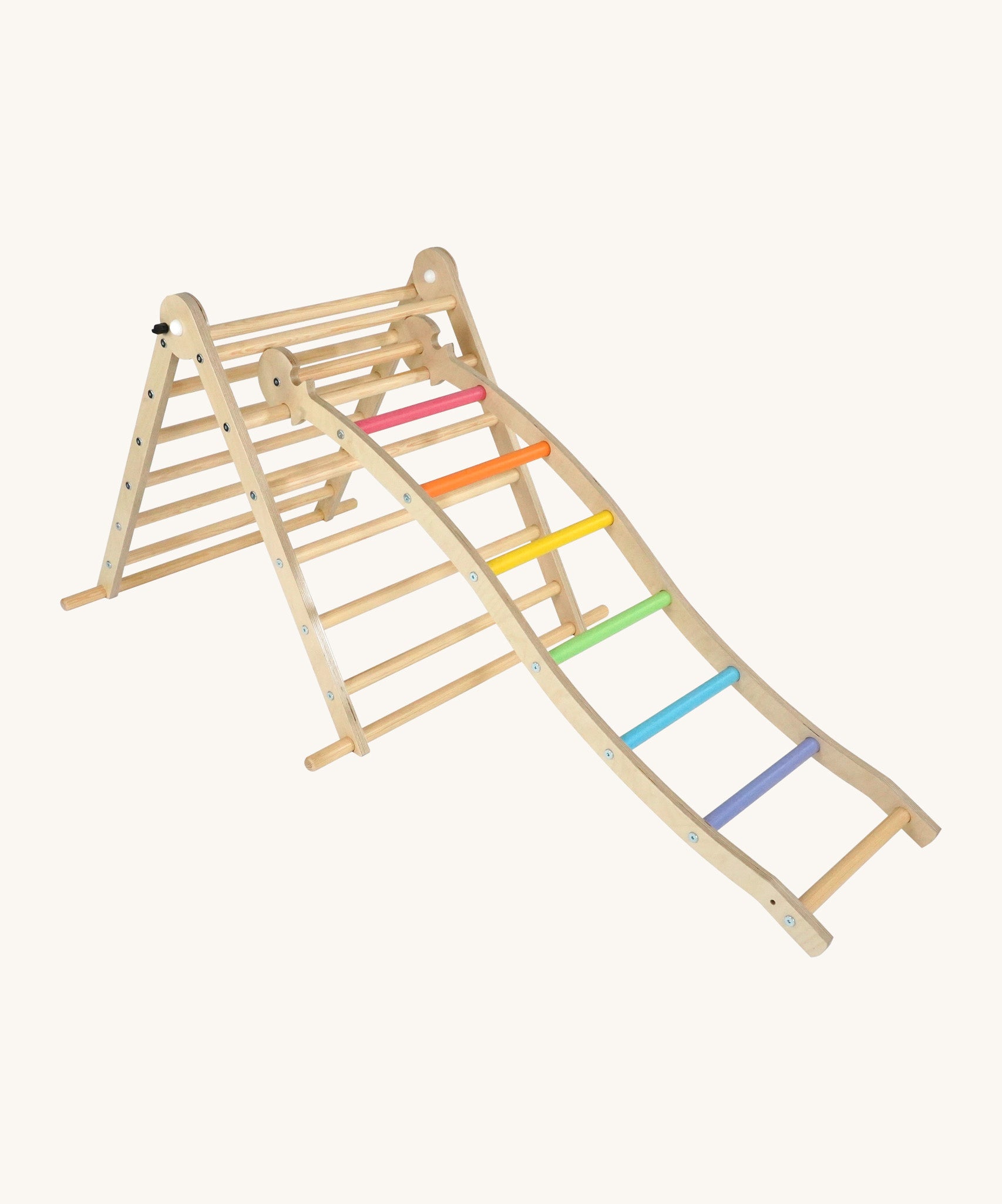 Triclimb wooden wibli ladder with pastel inspired coloured rungs hooked on a rung on the Triclimb pikler wooden climbing frame