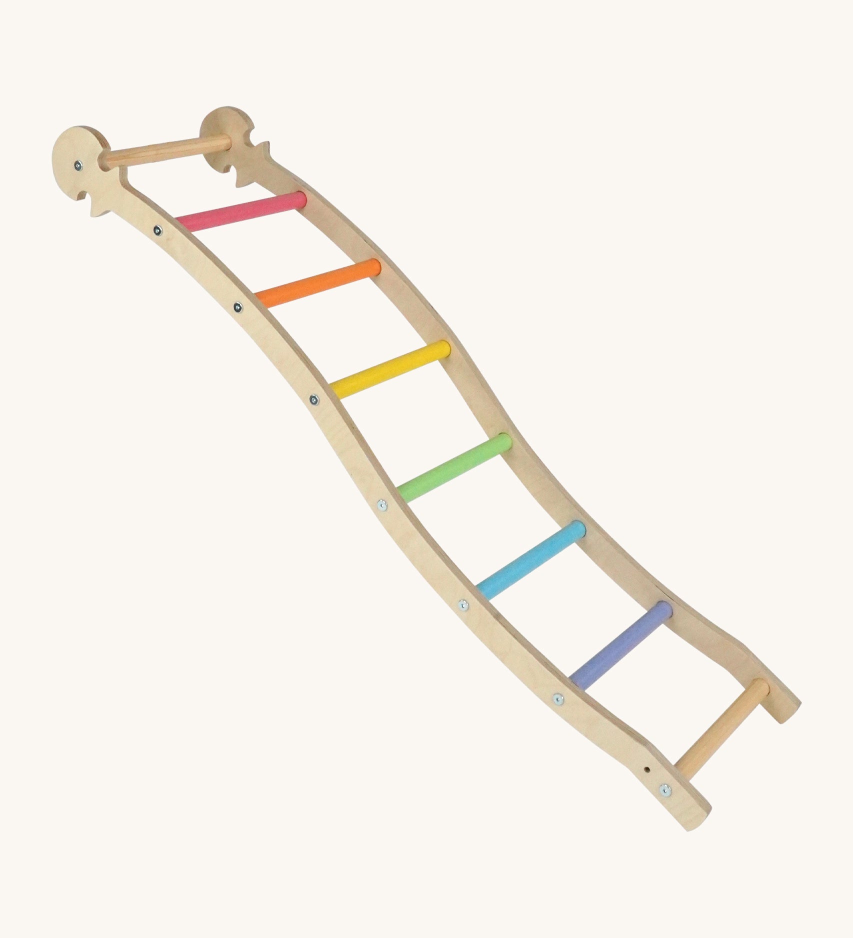 Triclimb wooden wibli ladder with pastel inspired coloured rungs including pink, orange, yellow, green, blue and purple. Features Triclimb joints on one end of the ladder to hook onto a Triclimb wooden pikler climbing frame