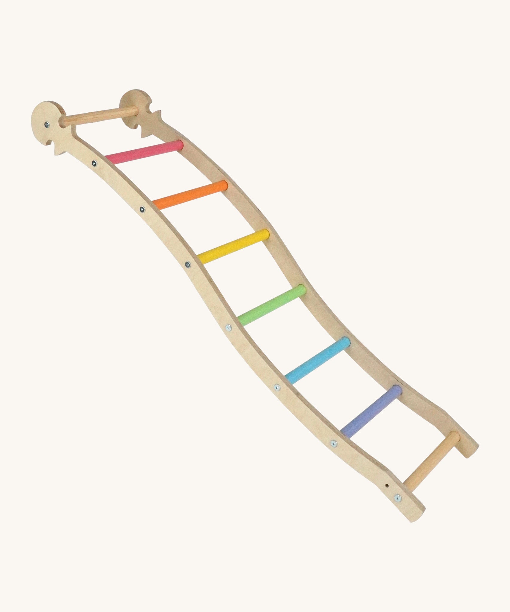 Triclimb wooden wibli ladder with pastel inspired coloured rungs including pink, orange, yellow, green, blue and purple. Features Triclimb joints on one end of the ladder to hook onto a Triclimb wooden pikler climbing frame