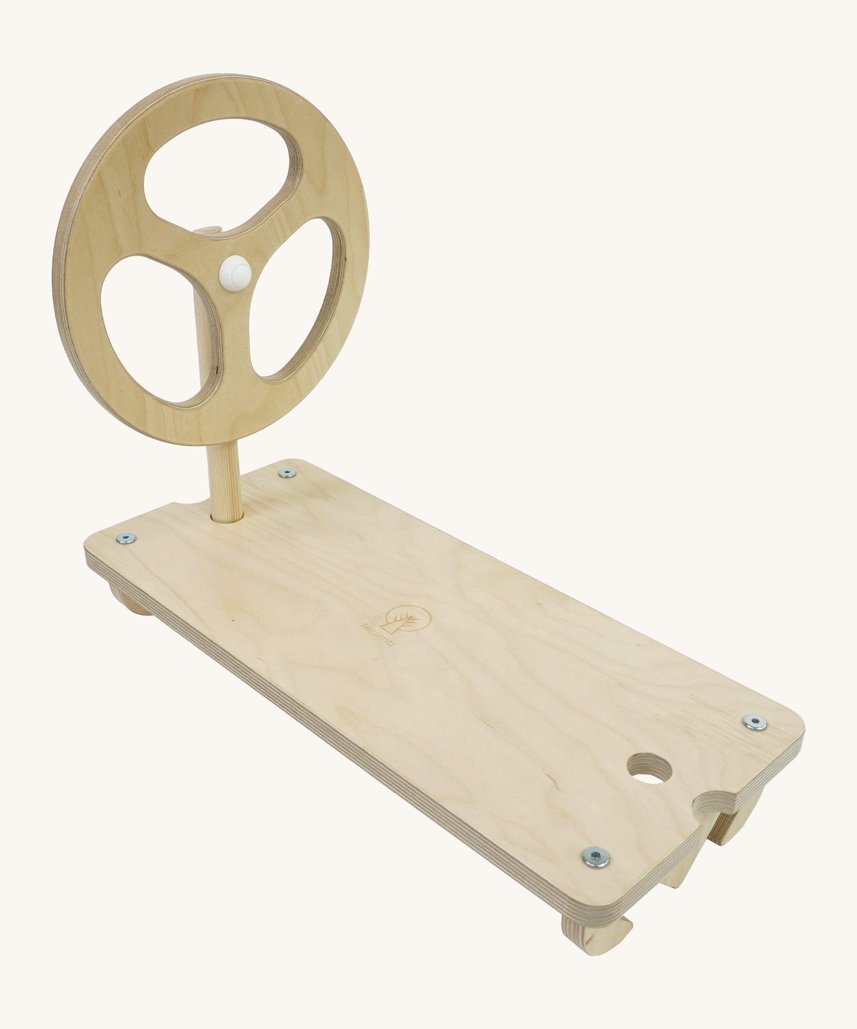 A Triclimb wooden Arben wheel attatched onto a Arben base that can be hooked on the top rungs of a Triclimb pikler climbing frame