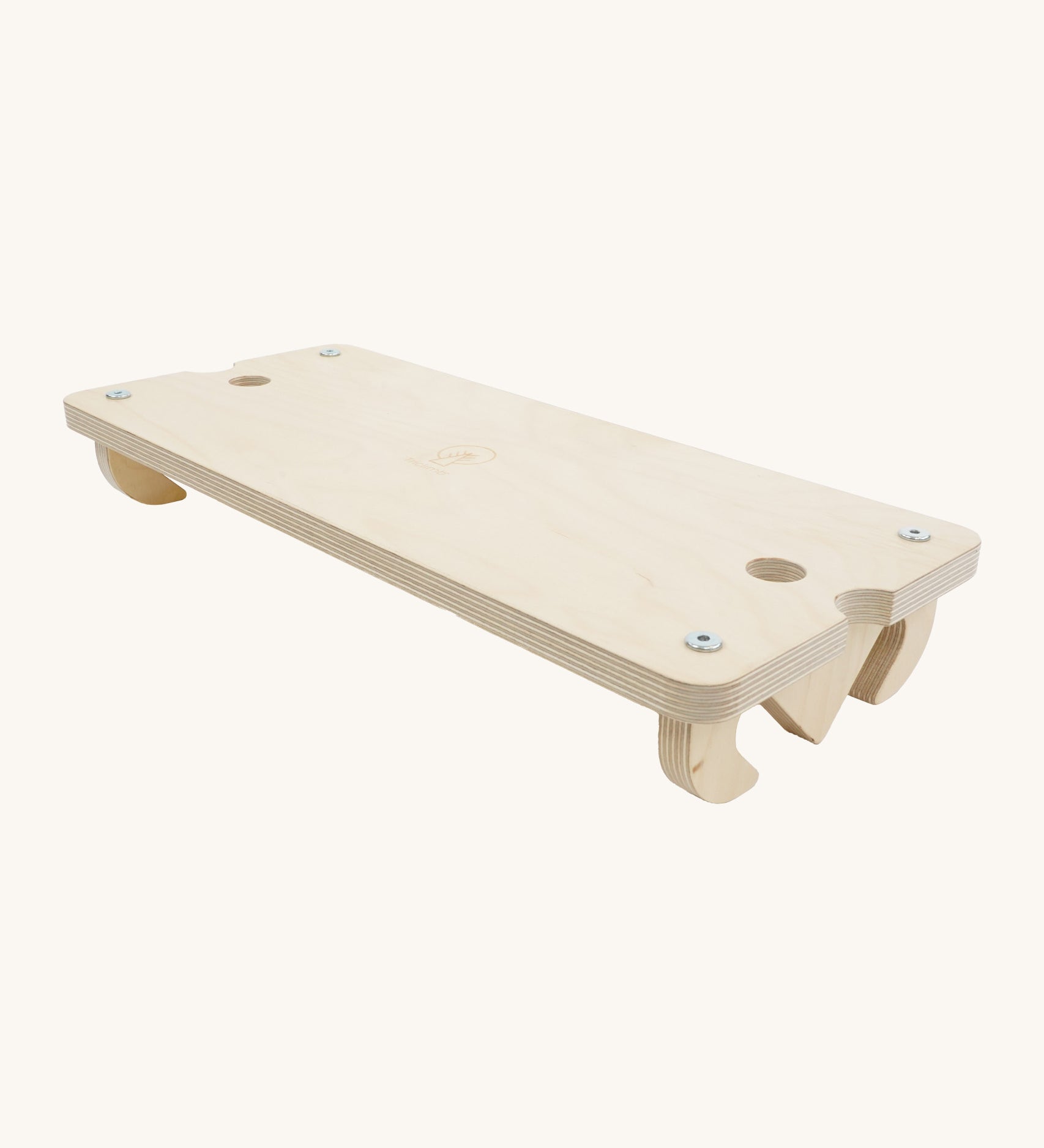 Triclimb wooden Arben deck. A long base to sit or stand with attachments on both side to hook onto a Triclimb pikler climbing frame 