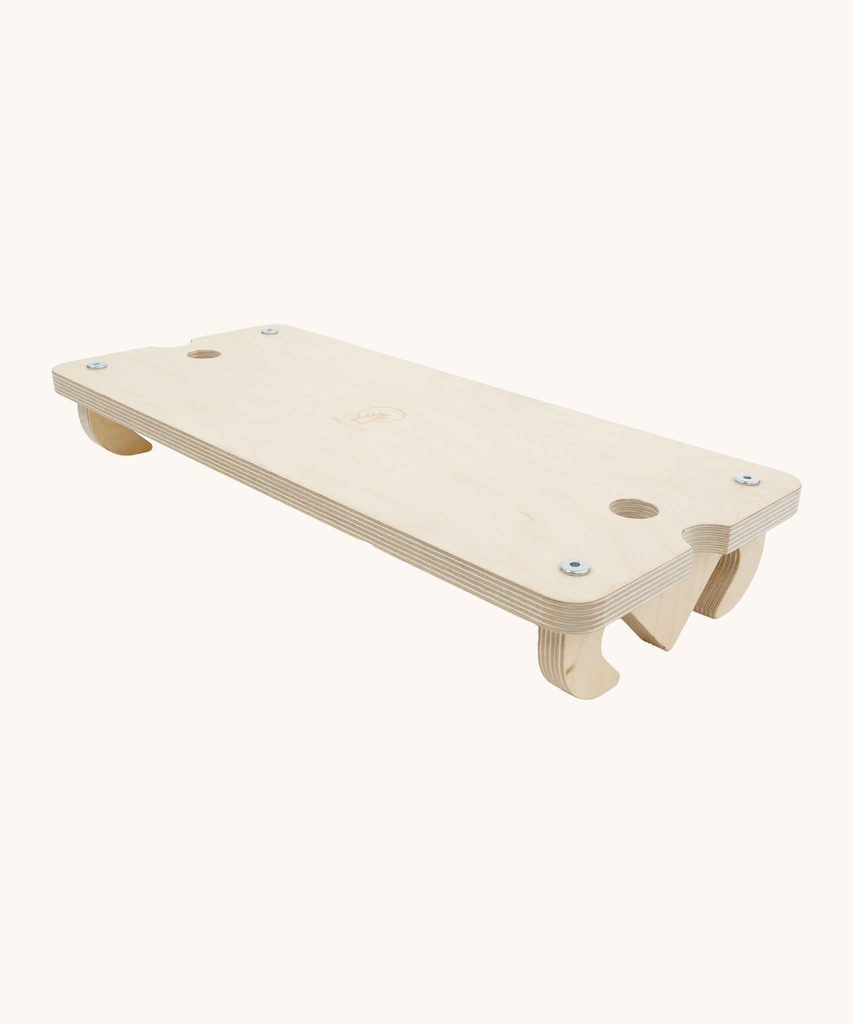 Triclimb wooden Arben deck. A long base to sit or stand with attachments on both side to hook onto a Triclimb pikler climbing frame 