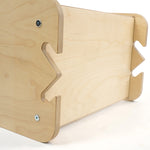 Close up of the fixing mechanism on the Triclimb wooden enclosure on a white background