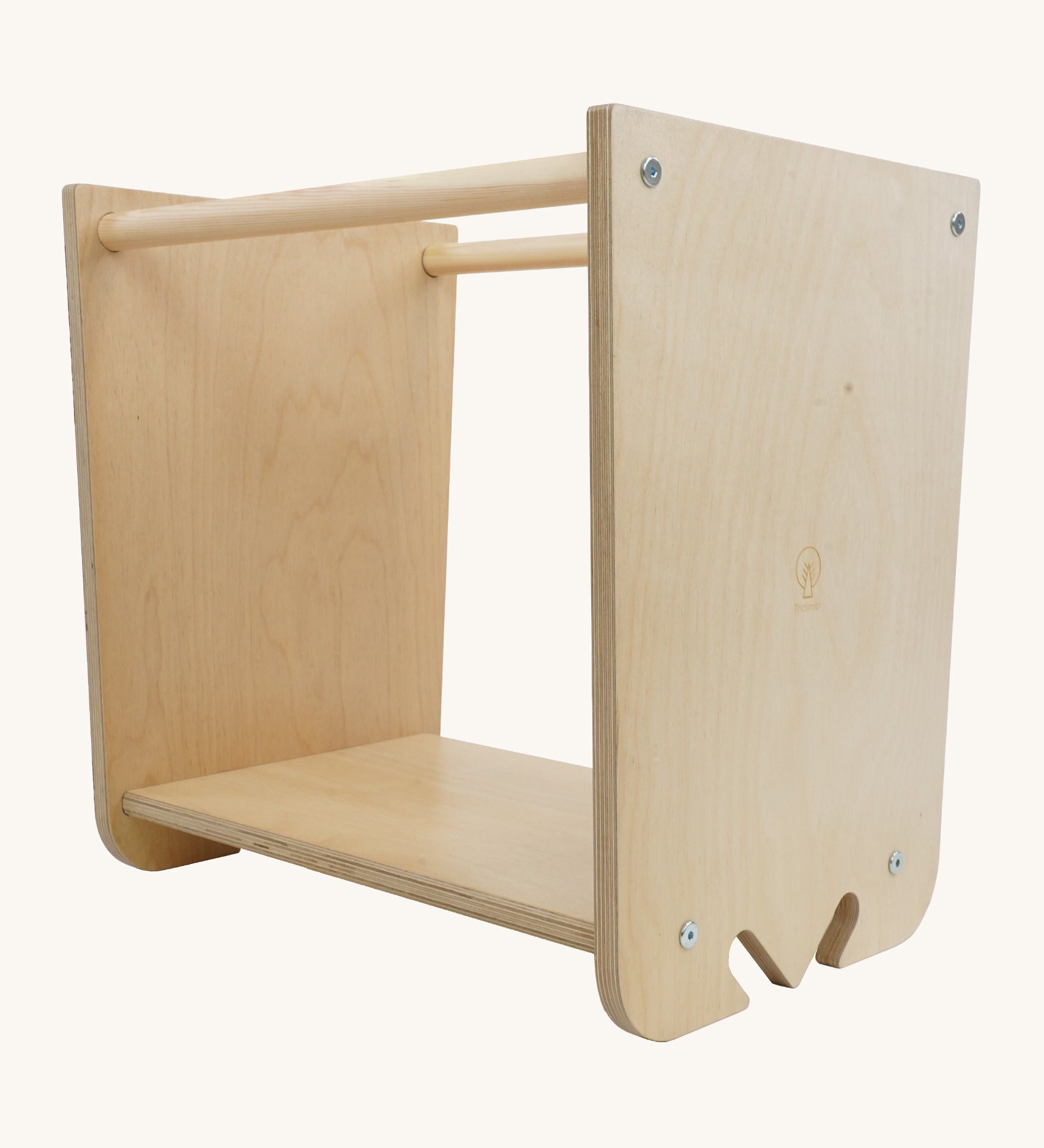 Triclimb wooden Arben twr. A base with 2 slots on each side that sits on top of the Triclimb pikler climbing frame. Features a flat base to sit or stand 2 tall side panels and rungs for holding