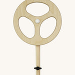 Triclimb wooden Arben wheel. Showing 3 holes to spin the wheel and a black thumbscrew on the bottom of the stand to attach onto a Triclimb Arben wooden deck 