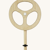Triclimb wooden Arben wheel. Showing 3 holes to spin the wheel and a black thumbscrew on the bottom of the stand to attach onto a Triclimb Arben wooden deck 