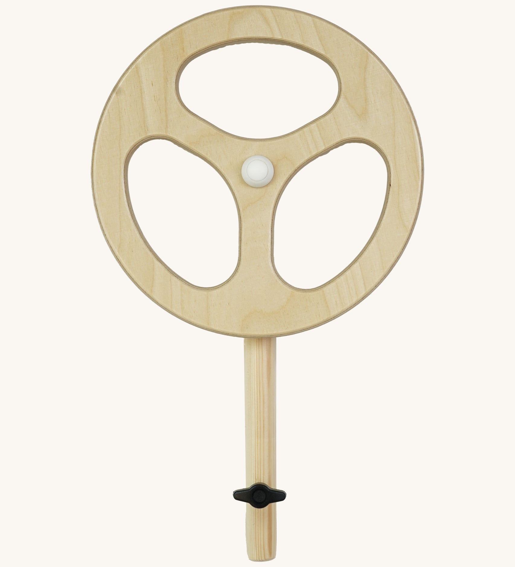 Triclimb wooden Arben wheel. Showing 3 holes to spin the wheel and a black thumbscrew on the bottom of the stand to attach onto a Triclimb Arben wooden deck 