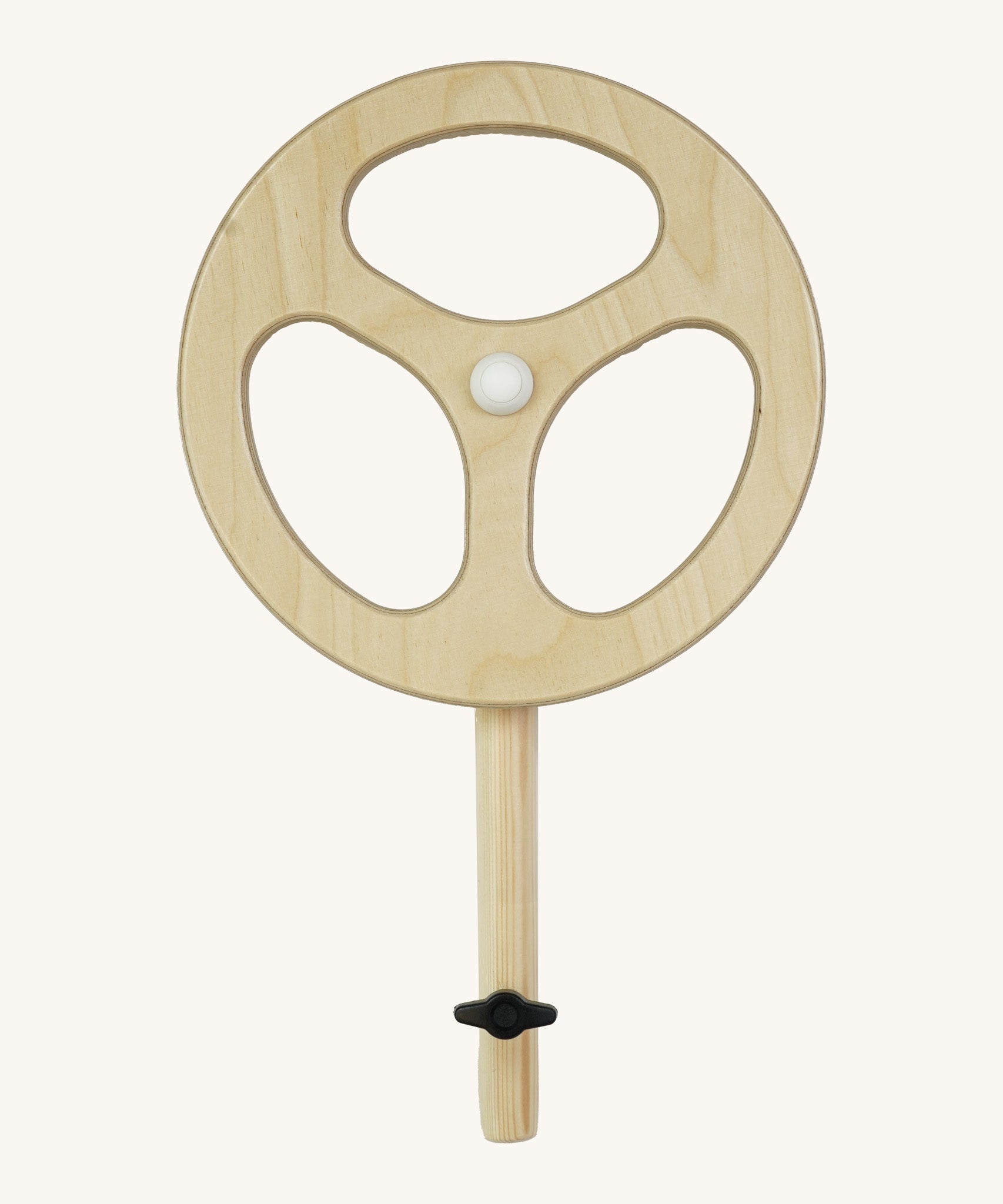 Triclimb wooden Arben wheel. Showing 3 holes to spin the wheel and a black thumbscrew on the bottom of the stand to attach onto a Triclimb Arben wooden deck 
