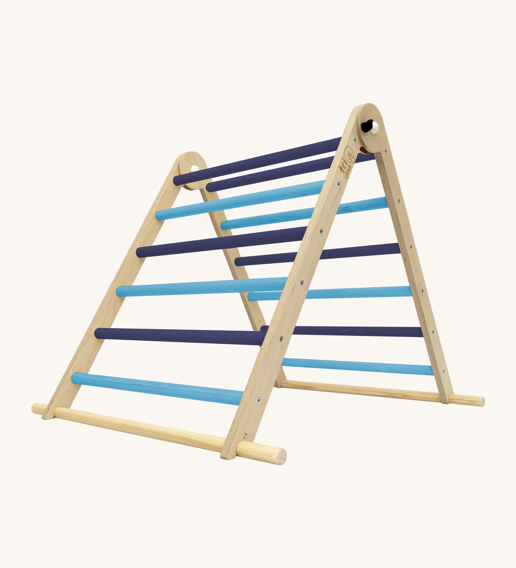Triclimb folding wooden pikler climbing frame with light and dark blue rungs. Features a natural coloured rungs on the bottom as a base. 