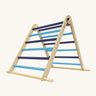 Triclimb folding wooden pikler climbing frame with light and dark blue rungs. Features a natural coloured rungs on the bottom as a base. 