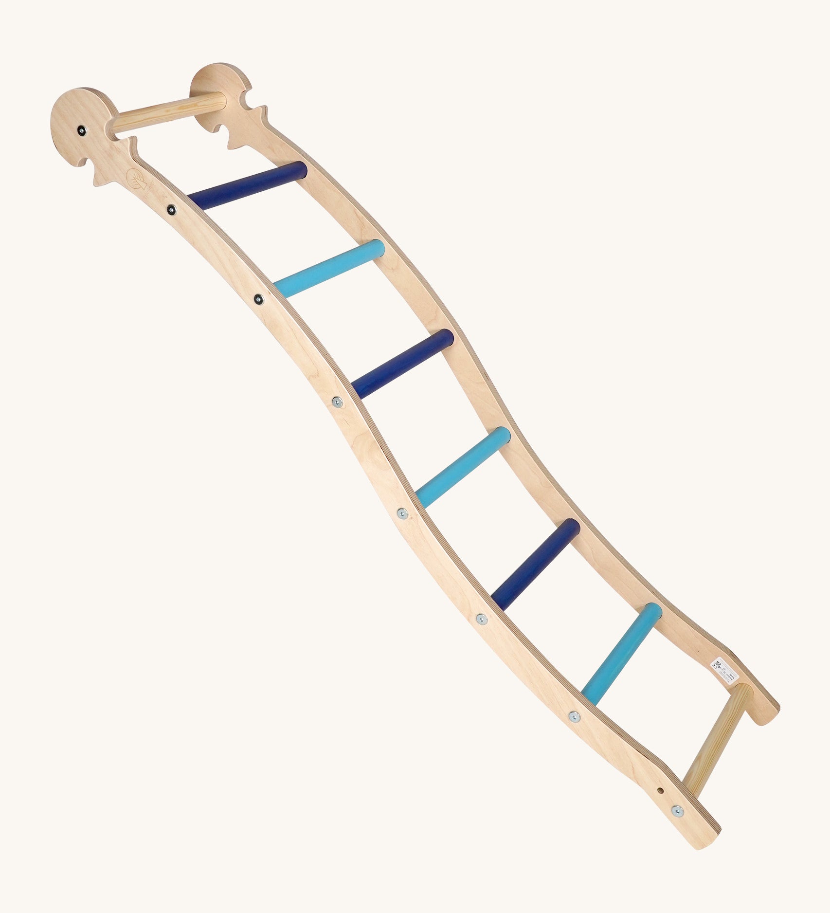 Triclimb wooden wibli ladder in blue features light and dark blue rungs with a Triclimb joint on one end of the ladder to hook onto a Triclimb wooden pikler climbing frame