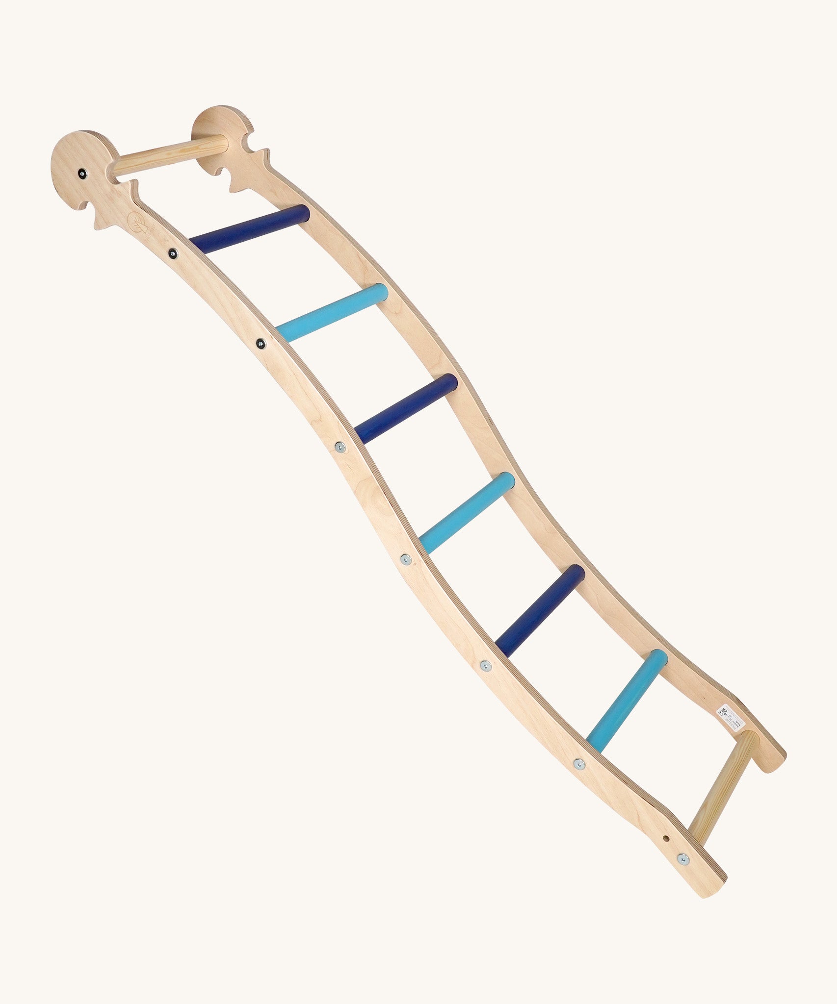 Triclimb wooden wibli ladder in blue features light and dark blue rungs with a Triclimb joint on one end of the ladder to hook onto a Triclimb wooden pikler climbing frame