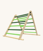 Triclimb folding wooden pikler climbing frame with light and dark green rungs. Features a natural coloured rungs on the bottom as a base. 