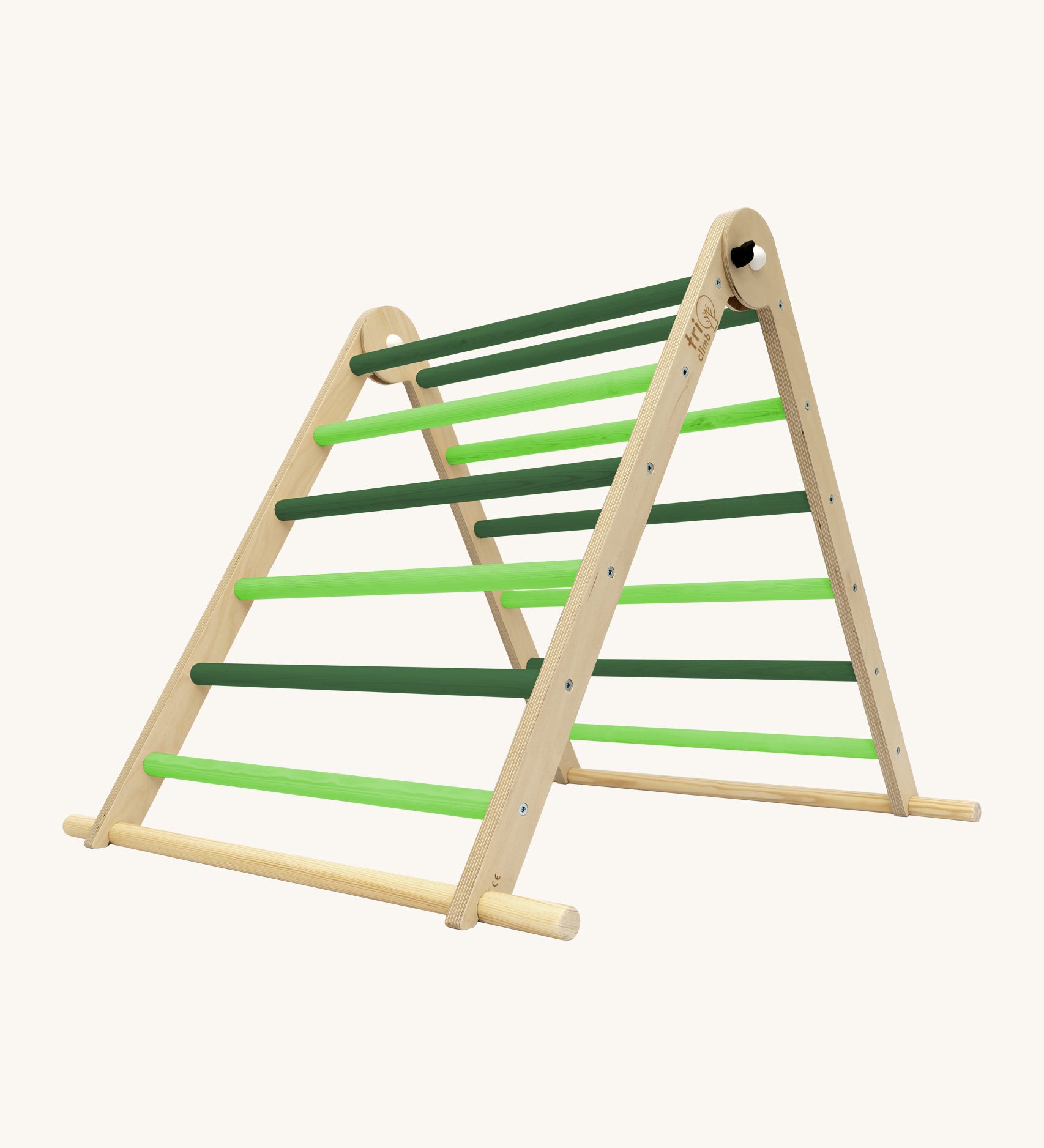 Triclimb folding wooden pikler climbing frame with light and dark green rungs. Features a natural coloured rungs on the bottom as a base. 