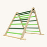 Triclimb folding wooden pikler climbing frame with light and dark green rungs. Features a natural coloured rungs on the bottom as a base. 