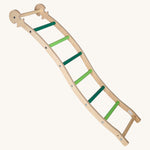Triclimb wooden wibli ladder in green features light and dark green rungs with a Triclimb joint on one end of the ladder to hook onto a Triclimb wooden pikler climbing frame