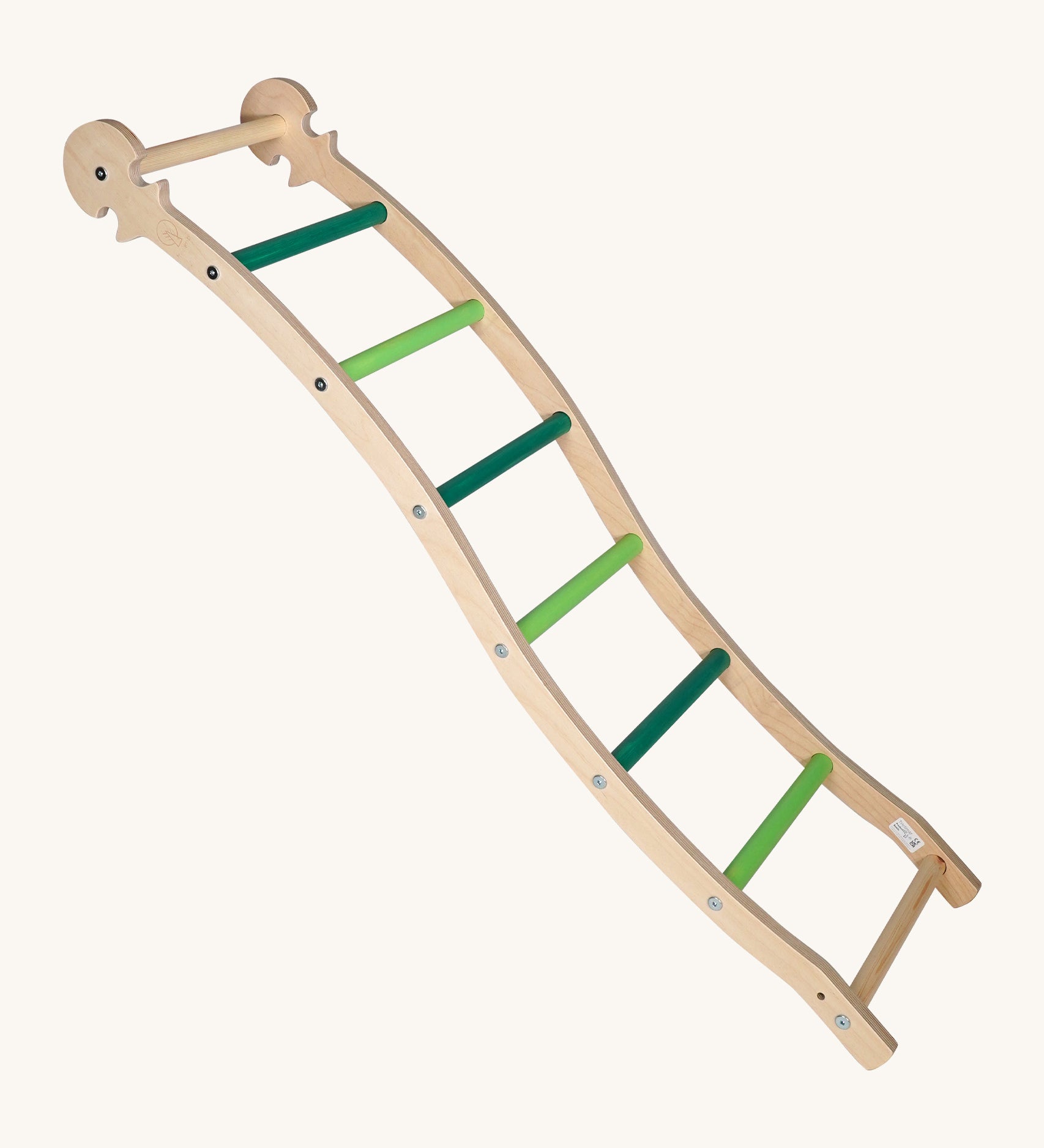 Triclimb wooden wibli ladder in green features light and dark green rungs with a Triclimb joint on one end of the ladder to hook onto a Triclimb wooden pikler climbing frame