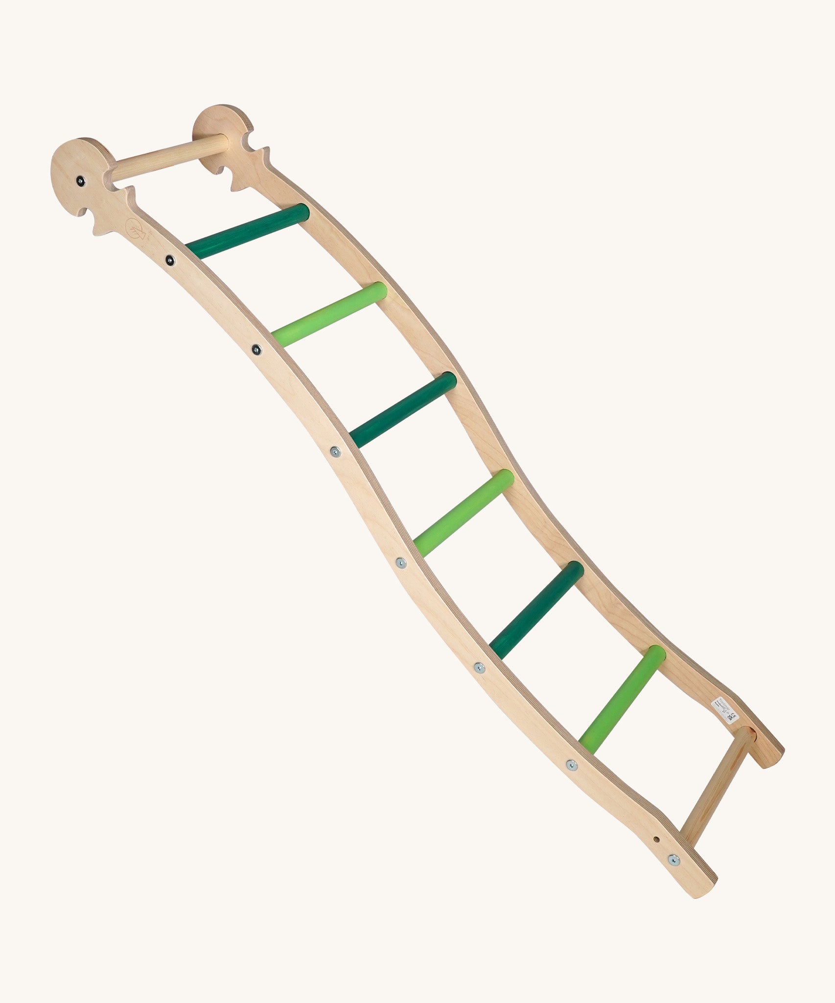 Triclimb wooden wibli ladder in green features light and dark green rungs with a Triclimb joint on one end of the ladder to hook onto a Triclimb wooden pikler climbing frame