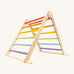 Triclimb folding wooden pikler climbing frame with pastel inspired coloured rungs including purple, blue, green, yellow, orange and pink. Features longer natural coloured rungs on the bottom as a base. 