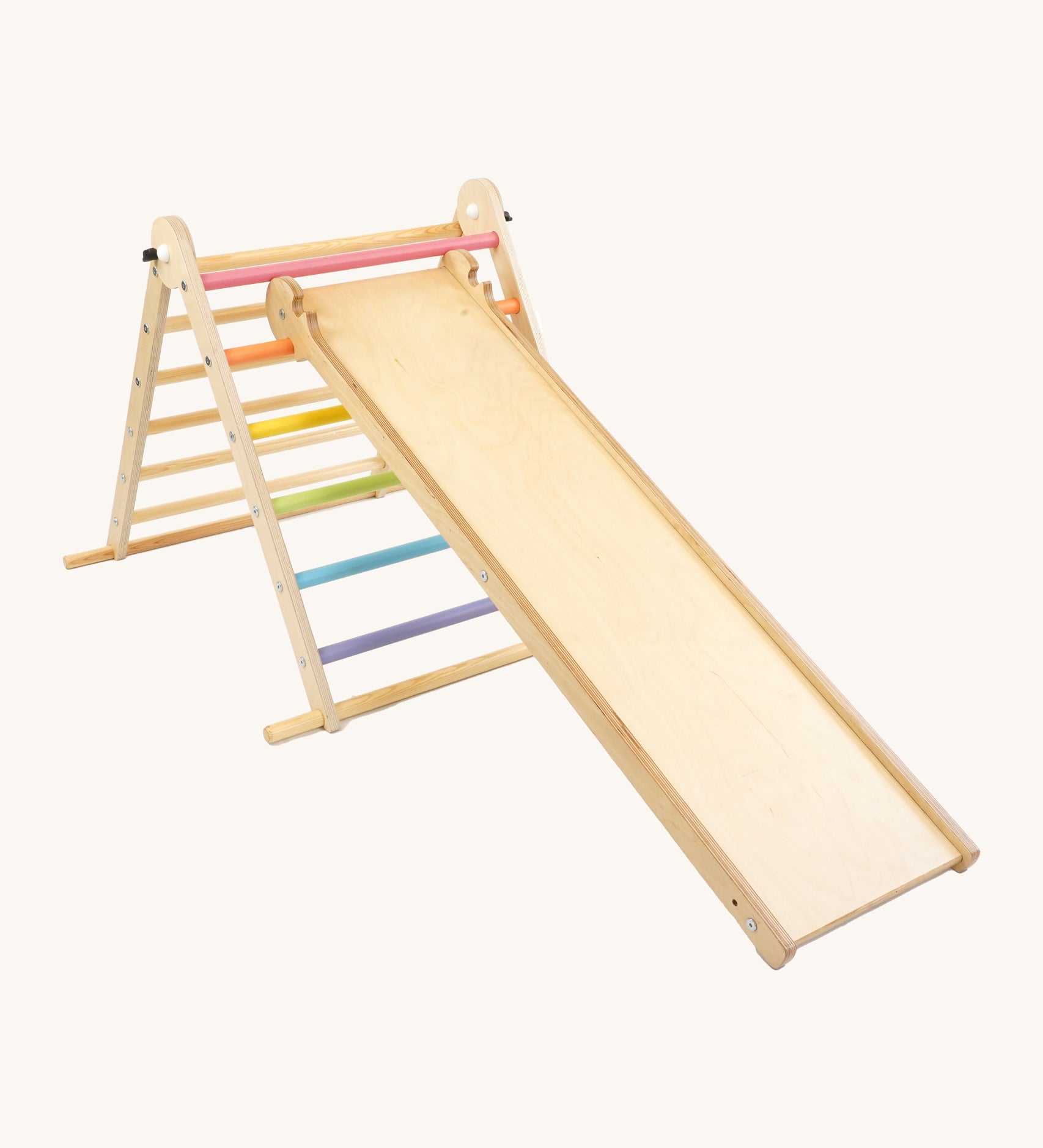 Triclimb wooden folding pikler climbing frame with pastel themed rungs showing the second side Triclimb Miri slide hooked on a rung.