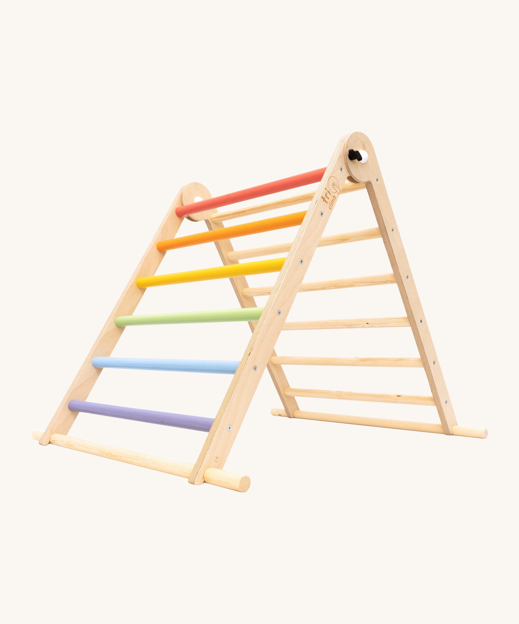 Triclimb folding wooden pikler climbing frame with pastel inspired coloured rungs on one side including purple, blue, green, yellow, orange, pink and natural unpainted rungs on the other side. Features longer natural coloured rungs on the bottom as a base. 