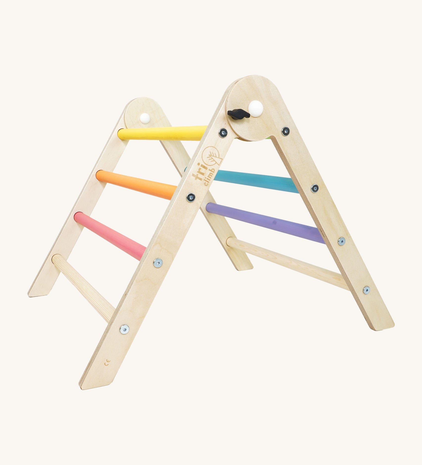 Triclimb wooden pastel pwt folding pikler climbing frame. A smaller version of the full size Triclimb pikler climbing frame with pastel themed coloured rungs including pink, orange, yellow, purple, blue and green.