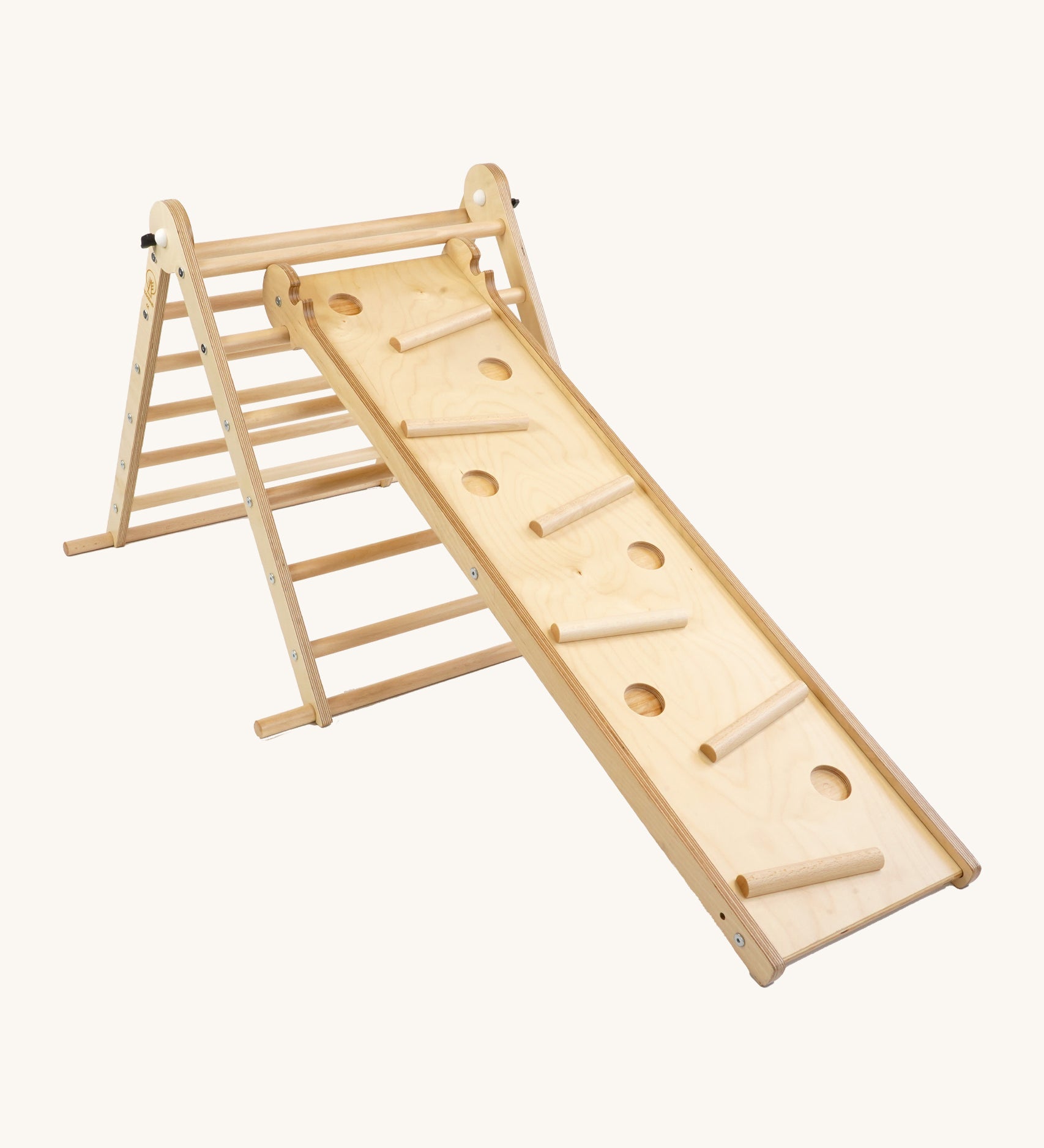 riclimb wooden pikler climbing frame with pastel themed rungs including purple blue, green, yellow, orange and pink. Showing the Triclimb Miri slide hooked on a rung and the sticks in matching pastel colours in the slots on the Miri slide