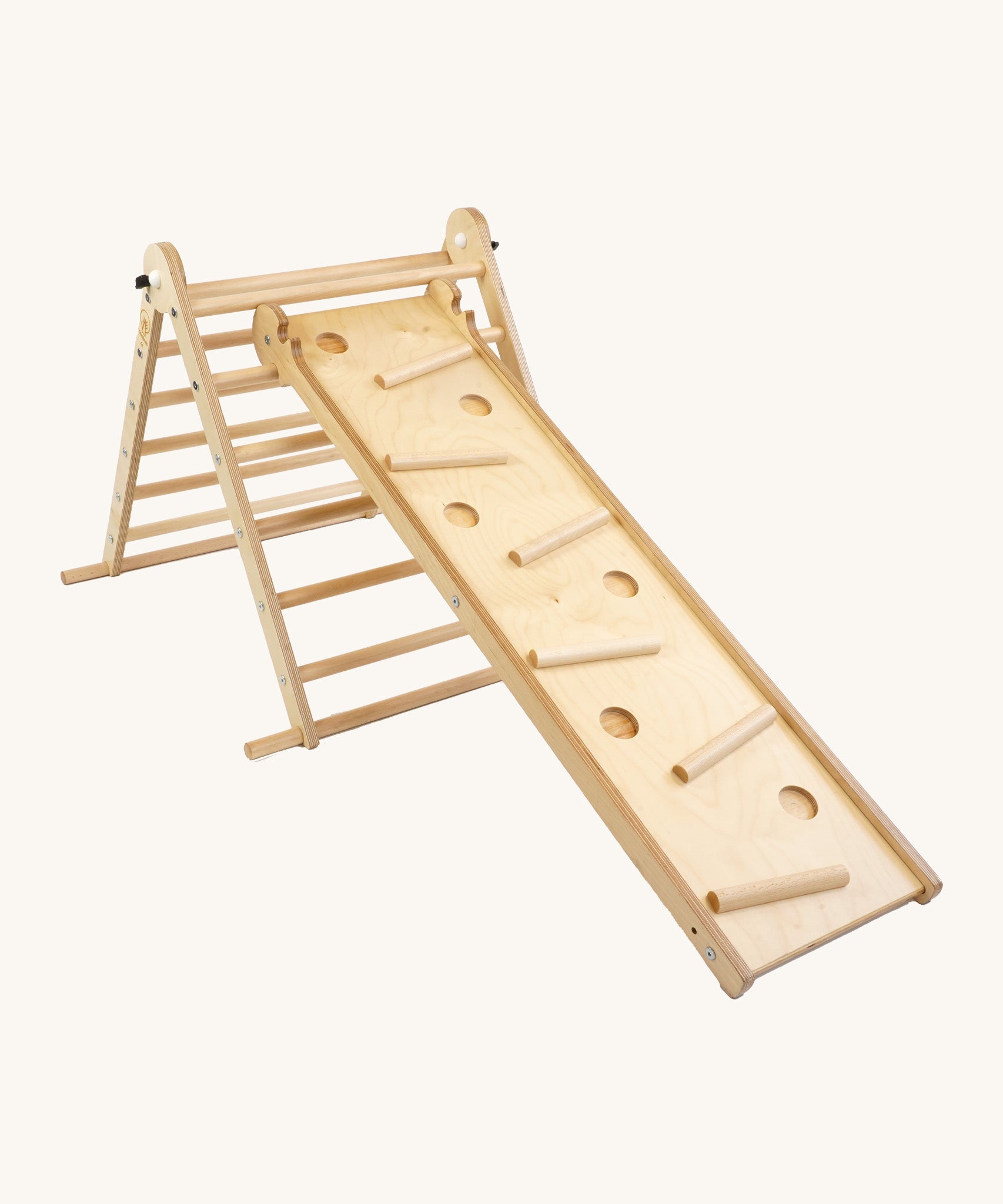 riclimb wooden pikler climbing frame with pastel themed rungs including purple blue, green, yellow, orange and pink. Showing the Triclimb Miri slide hooked on a rung and the sticks in matching pastel colours in the slots on the Miri slide