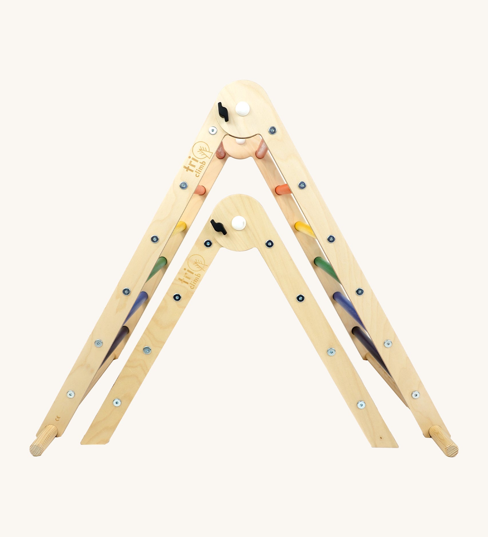 Triclimb wooden pwt folding pikler climbing frame underneath the full size Triclimb pikler climbing frame showing the size comparison