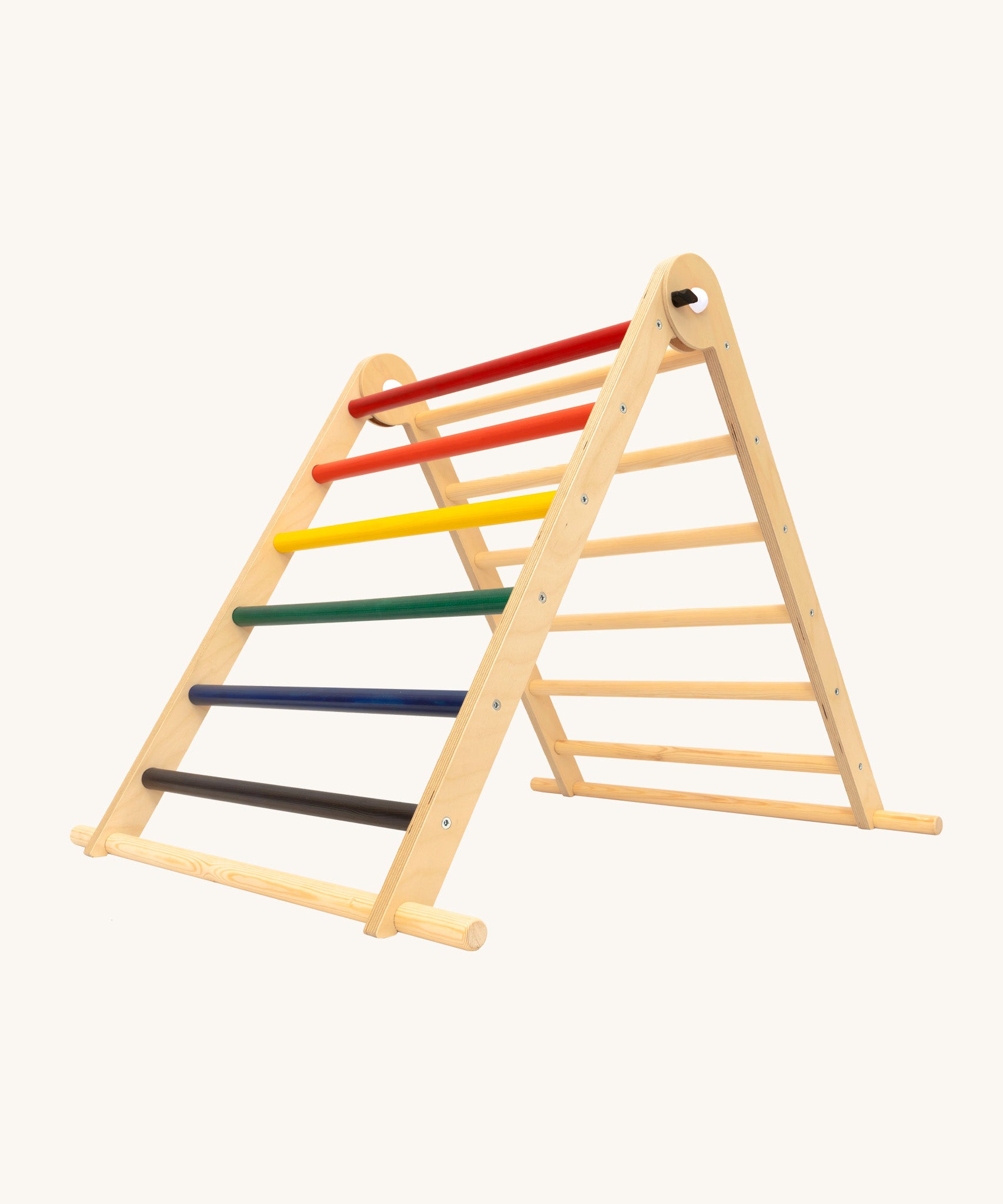 riclimb folding wooden pikler climbing frame with rainbow inspired coloured rungs on one side including purple, blue, green, yellow, orange, red and natural unpainted rungs on the other side. Features longer natural coloured rungs on the bottom as a base. 
