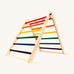 Triclimb folding wooden pikler climbing frame with rainbow inspired coloured rungs including purple, blue, green, yellow, orange and red. Features longer natural coloured rungs on the bottom as a base. 