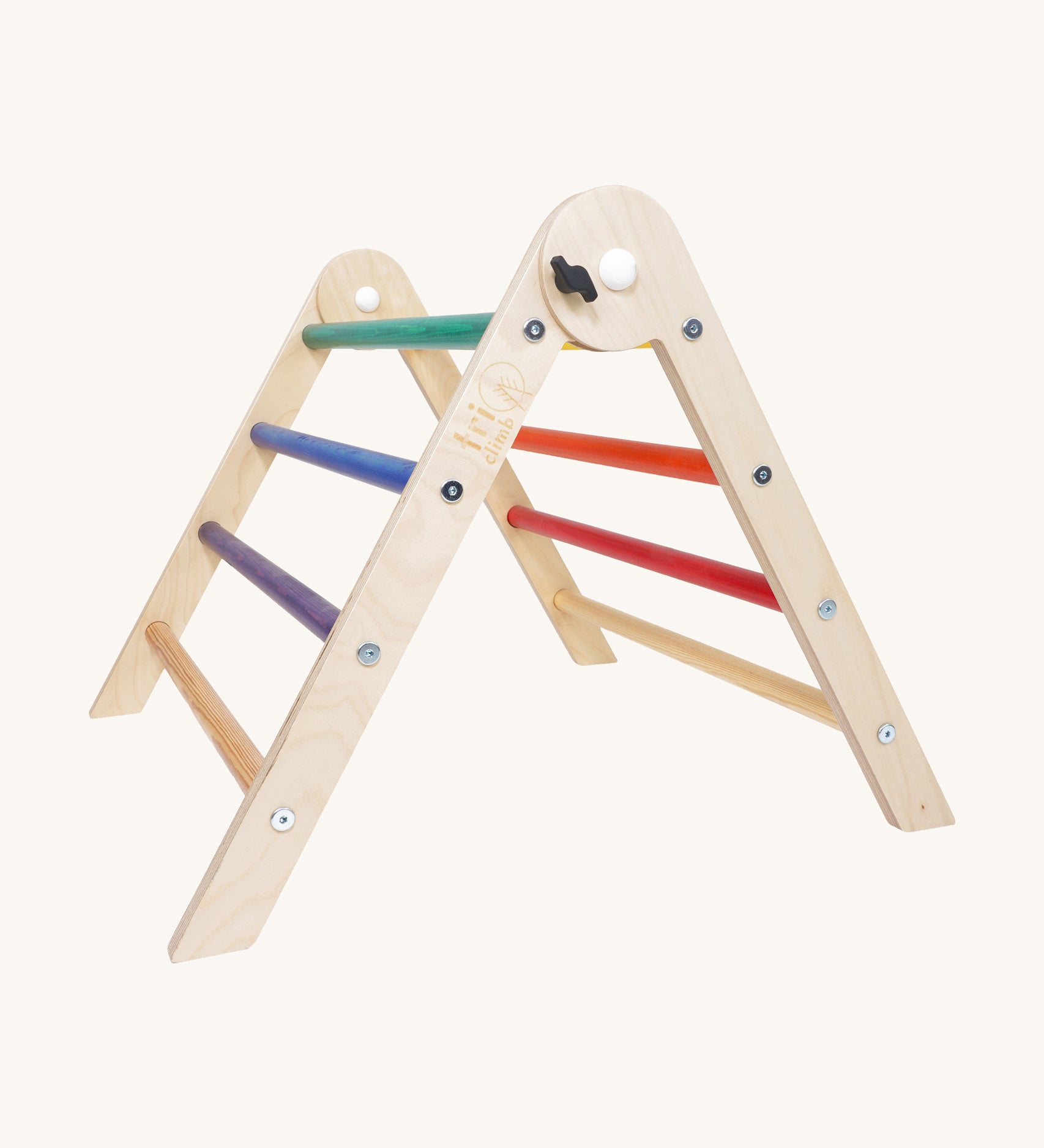 Triclimb wooden pwt folding pikler climbing frame. A smaller version of the full size Triclimb pikler climbing frame with rainbow themed coloured rungs
