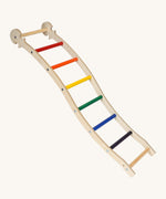 Triclimb wooden wibli ladder with rainbow theme coloured rungs with a Triclimb joint on one end of the ladder to hook onto a Triclimb wooden pikler climbing frame