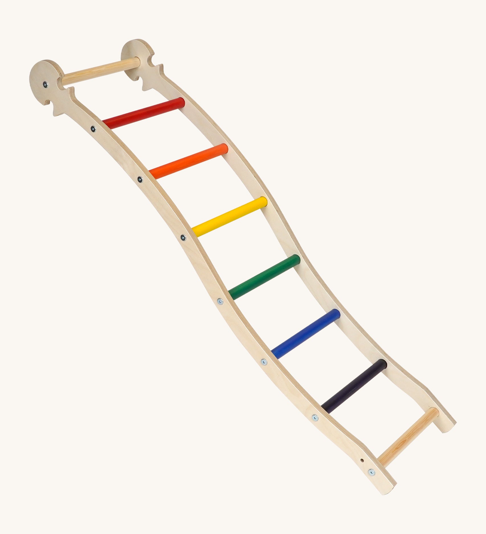 Triclimb wooden wibli ladder with rainbow theme coloured rungs with a Triclimb joint on one end of the ladder to hook onto a Triclimb wooden pikler climbing frame