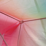 Inside of a tent build made from the Trigonos big start set showing the wooden corner block with frame poles and cloth on top