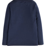 a navy blue organic cotton long-sleeved children’s top with a colourful constellation applique in the shape of the number 7.