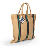 Turtle Bags eco-friendly green and black striped short handle tote bag on a white background
